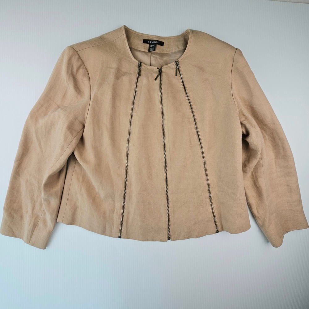 Louben Vintage Linen Blend Tan Zipper Front Jacket 14 Neutral 90s Quiet Luxury